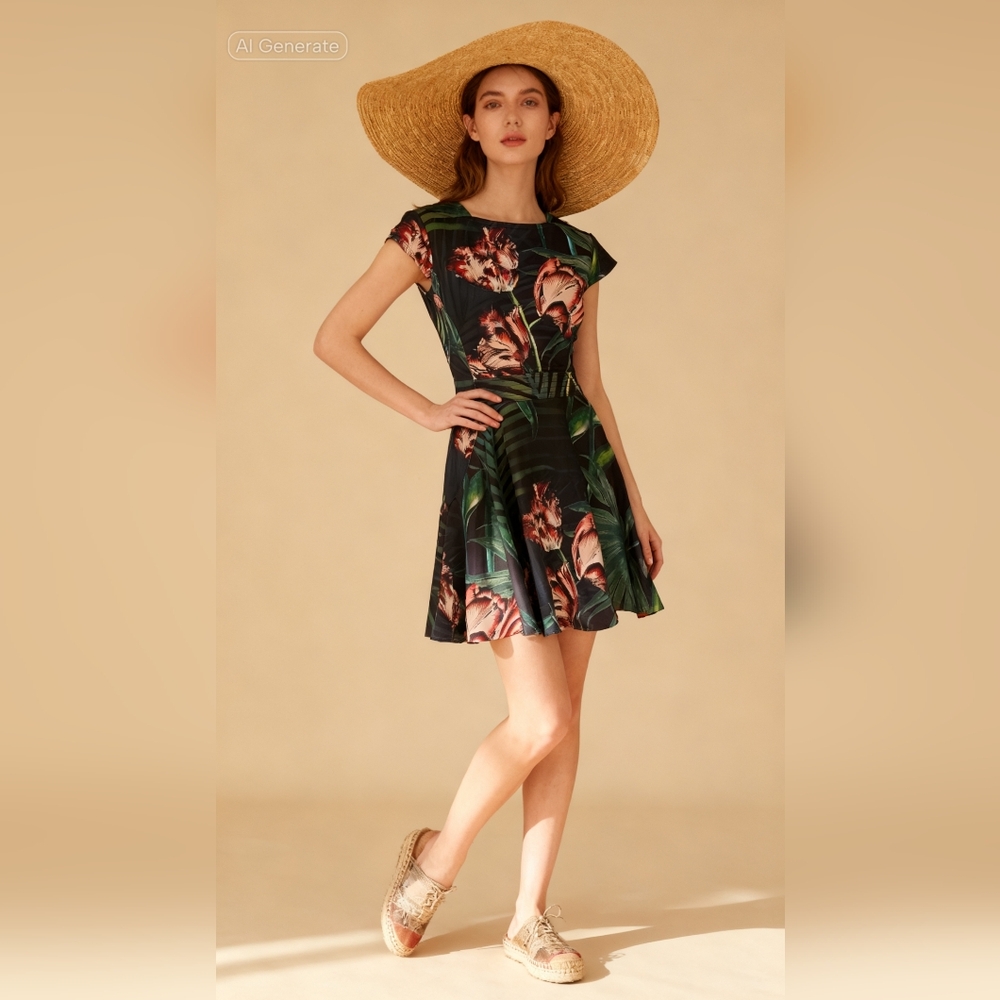 Ted Baker Florell Palm floral Print Neoprene Skater Dress.